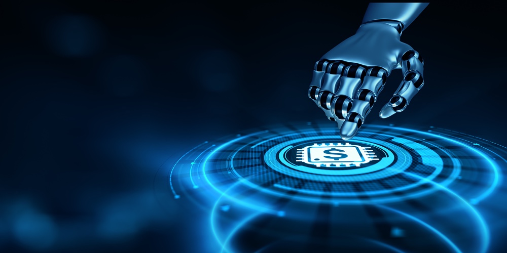 Fintech Financial Technology Online Banking. Robot Hand Pressing Virtual Button 3d Render