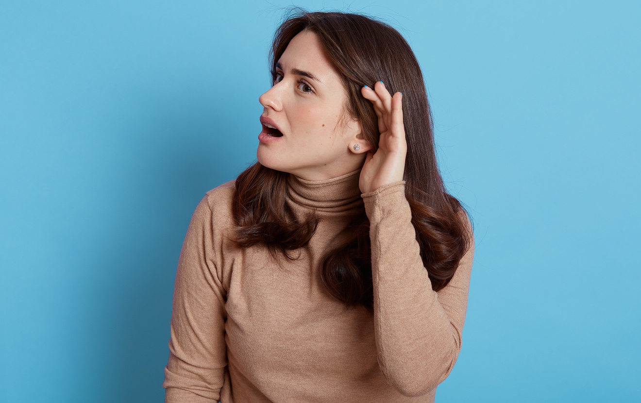 I Can’t Hear You! Confused Woman Keeping Hand Near Ear To Listen Better, Having Hearing Problems, Di