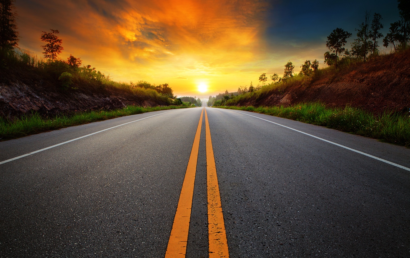 Beautiful Sun Rising Sky With Asphalt Highways Road In Rural Scene Use Land Transport And Traveling