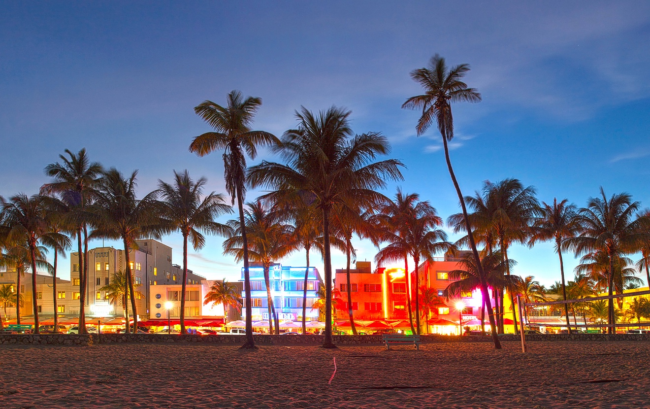 Miami Beach Florida hotels and restaurants at sunset