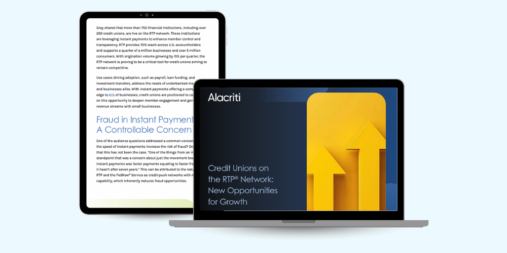 Digital devices (tablet and laptop) showing content related to credit unions leveraging the RTP network for growth, with Alacriti branding.